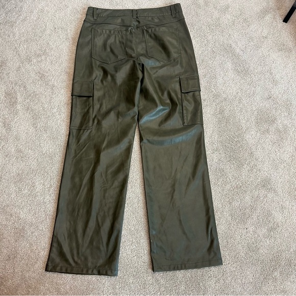Zara Olive Green Vegan Faux Leather High Rise Straight Leg Cargo Pants 12 NWOT - Picture 3 of 10